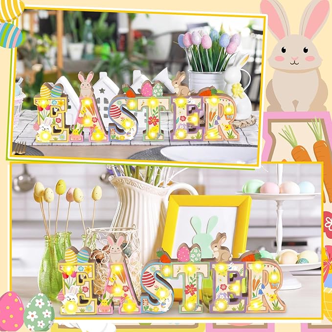 Patelai Easter Table Decoration Wooden Sign with LED Lights Easter Lighted Decor Rustic Farmhouse Table Centerpiece with 3D LED Bunny Egg Flower Tiered Tray Home Party Spring Decor (Without Batteries)