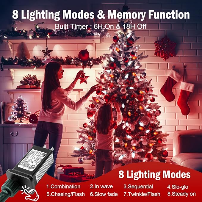 Brightown C9 Christmas Lights Outdoor 2 Pack - Total 162 FT 200 LED C9 String Lights, with Timing & Memory, 8 Modes, Connectable, Waterproof - for Indoor Outside Tree Home Yard Decoration, Red&White