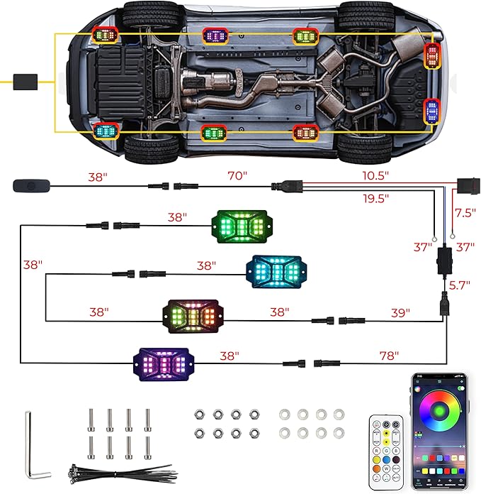 4 Pods Full Angle RGB Rock Lights Compatible with 12V Trucks Jeep UTV SUV ATV Boat Golf Cart, Waterproof Multi-Color, App/Remote Control Led Rock Lights with Music Mode