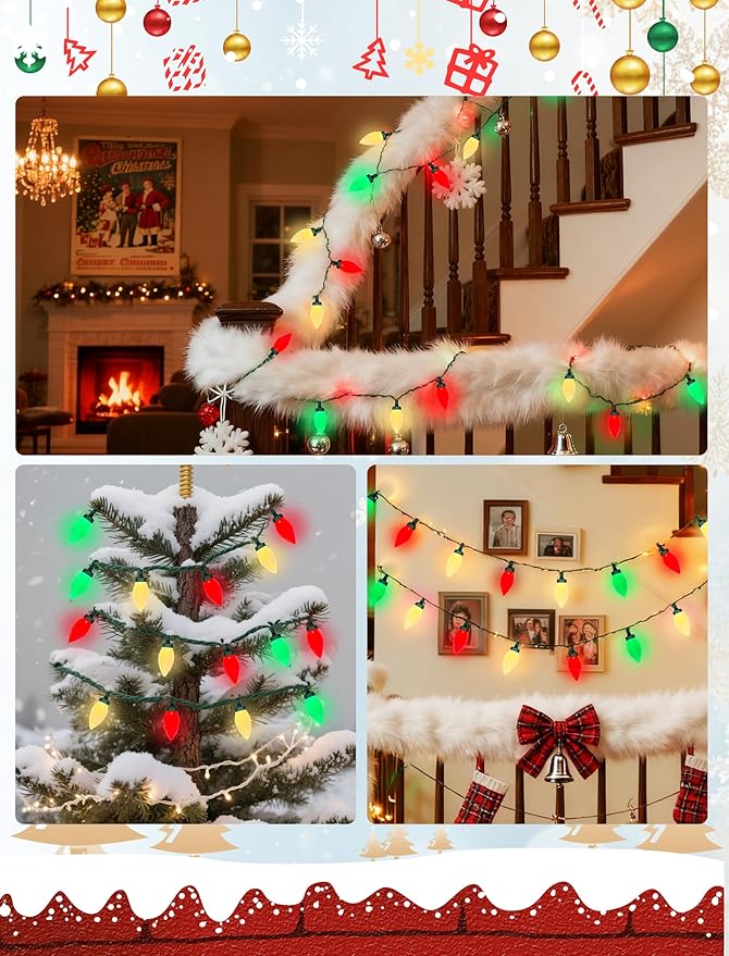 26FT C9 Red Green and White Christmas String Lights, Outdoor Christmas Decorations Lights with 50 C9 LED Bulbs, Plug in Vintage Christmas Lights Waterproof for Tree Patio Roofline Party Garden Decor