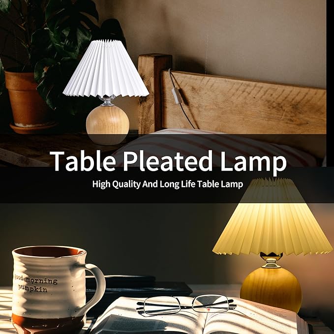 Korean Pleated Table Lamp Ins DIY Ceramic Table Lamps for Living Room Home Deco Cute Lamp with Tricolor Led Bulb Beside Lamp (Wood and White)