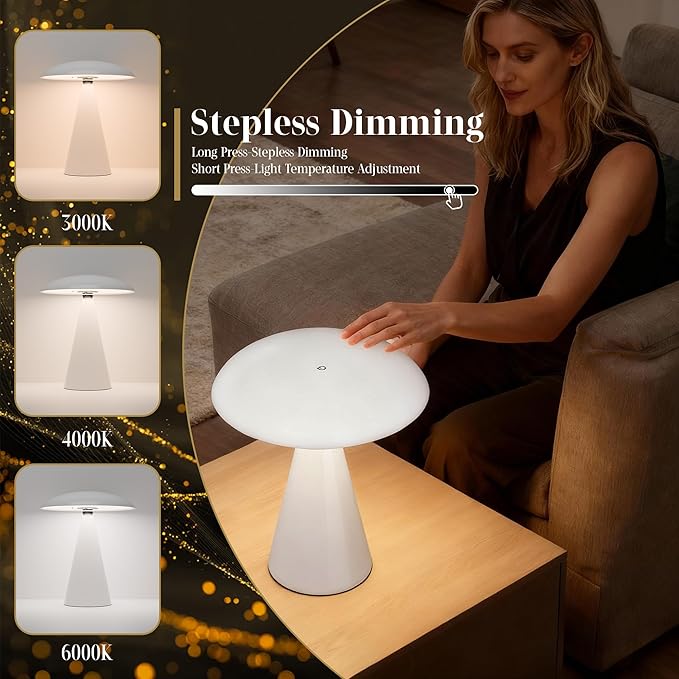 Mushroom Aesthetic Cute Lamp,Magnetic Mid Century Modern Lamp with 3-Mode Lighting for Unique Home Mushroom Decor,Cordless USB Rechargeable Lamps for Bedside/Dorm/Office/Entryway Decor(White)