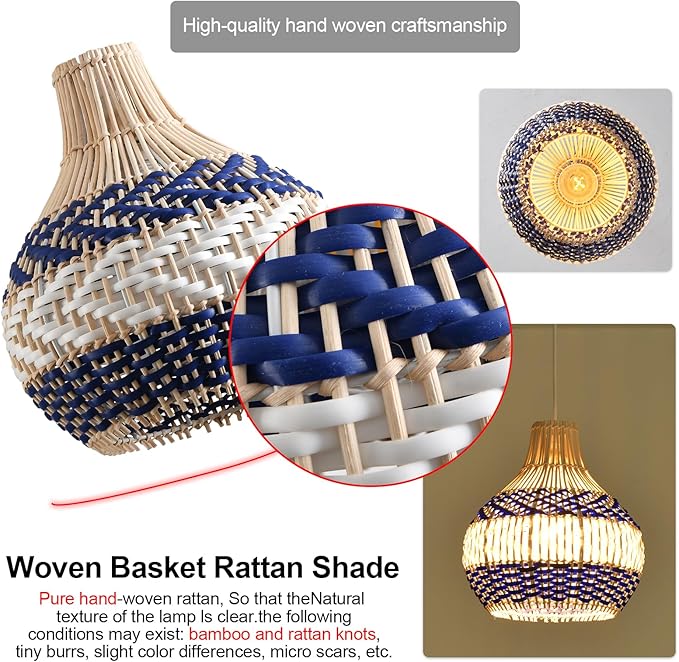 3-Light Rattan Pendant Light 15" Hand-Woven Blue White Wicker Basket Chandelier1-Pack Boho Faux Rattan Hanging Light,for Living Room Bedroom Kitchen Hallway Dining Farmhouse