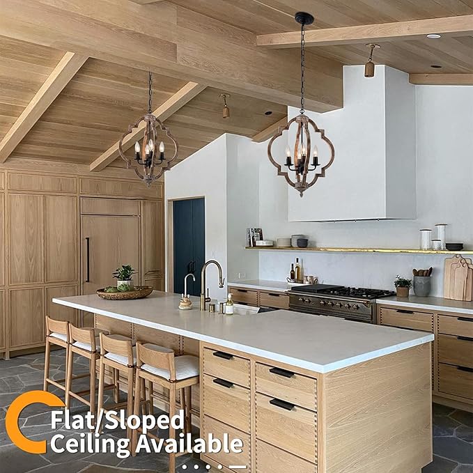 16.14" 4-Light Farmhouse Wood Chandelier, Rustic Orb Pendant Lighting Fixture with Adjustable Chain, Vintage Ceiling Hanging Lights for Foyer Entryway Dining Room Kitchen Island, Handmade Oak Finish