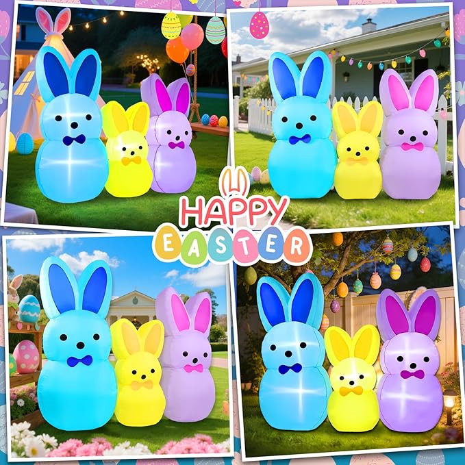 7FT Easter Bunny Inflatables Outdoor Yard Decoration LED Lighted Blow Up Colorful Triple Rabbit for Lawn Garden, Indoor Outdoor Inflatable Decor for Easter Party & Egg Hunt