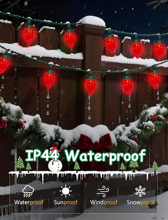 C7 LED Red Christmas Lights Outdoor, 26Ft Outdoor Xmas Decorations String Lights Waterproof with 50 C7 Strawberry Red Bulbs, Plug in Vintage Christmas Lights for Indoor Roofline Backyary House Garden