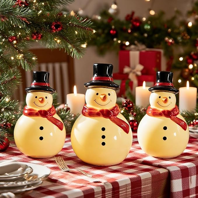 NEROSUN Christmas Snowman Figurines, 3 Pack Ceramic Cute LED Lighted Snowman Tabletop Christmas Decorations, Light Up Table Ornaments for Indoor Cabinet Mantel Fireplace Winter Xmas Decor
