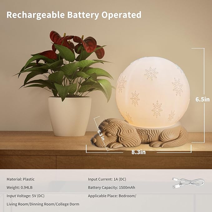 Cute Dog Lamp, Touch Control Battery Operated Bedside Lamp for Bedroom, Adjustable 3 Color Temperatures Rotatable Table Lamps for Nightstand, Nursery