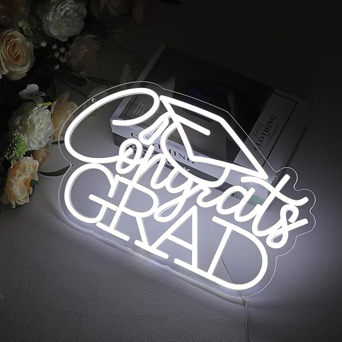 Congrats Grad Neon Sign for 2025 Graduation Decorations,16.5 x 9.9 IN White Dimmable Led Light Congrats Sign for Graduation Party Photo Backdrop Room Dorm Wall Decor Celebration Gifts