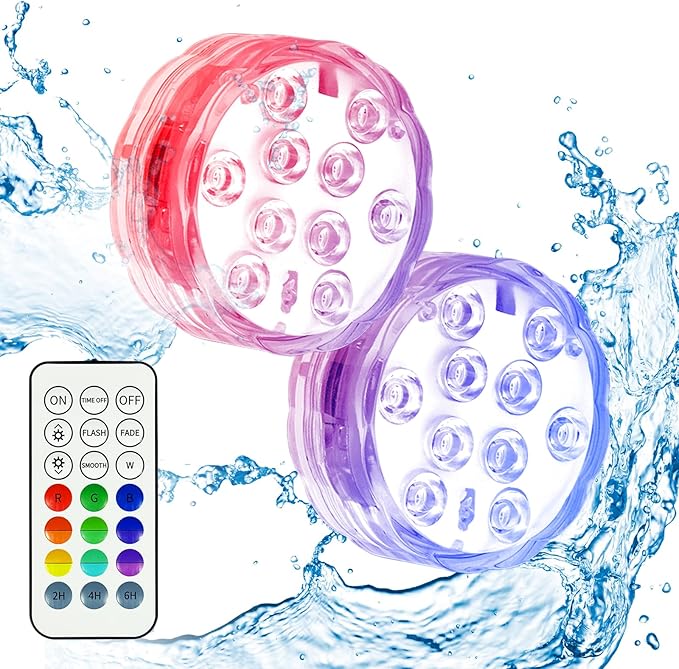 Creatrek Pool Lights with Remote, 10 Color Changing Pool Lights for Above Ground Pools, Battery Operated Submersible LED Lights for Pond, Bathtub, Hot Tub, Party, 2 Pack