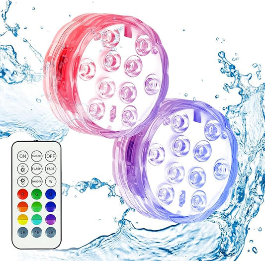 Creatrek Pool Lights with Remote, 10 Color Changing Pool Lights for Above Ground Pools, Battery Operated Submersible LED Lights for Pond, Bathtub, Hot Tub, Party, 2 Pack