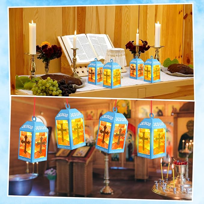 12 Sets Easter Crafts Religious Lanterns Crafts with LED Candles Lights Jesus Lights The Way Sunday School Tissue Paper DIY Oil Lamp Cross Hanging Ornament VSB Church Activity
