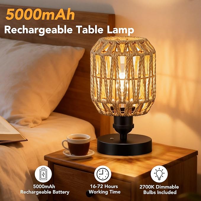 WIHTU 2 Pack Rechargeable Table Lamps, Cordless Lamp with 5000 mAh Battery Operated, Outdoor Wireless Rattan Touch Lamps, Portable Dimmable Lamp for Restaurtrant Home Camping Patio (Bulbs Included)