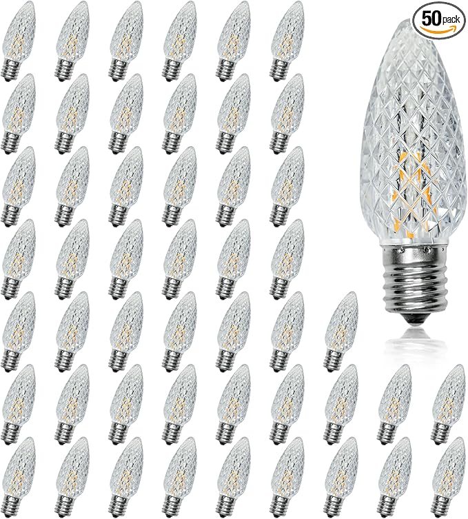 50pack C9 Christmas LED Light Bulbs, Strawberry Replacement Bulb 2200K Warm White Shatterproof & Waterproof Outdoor String Light Bulbs, E17 Candelabra Base Edison LED Bulbs for Decoration