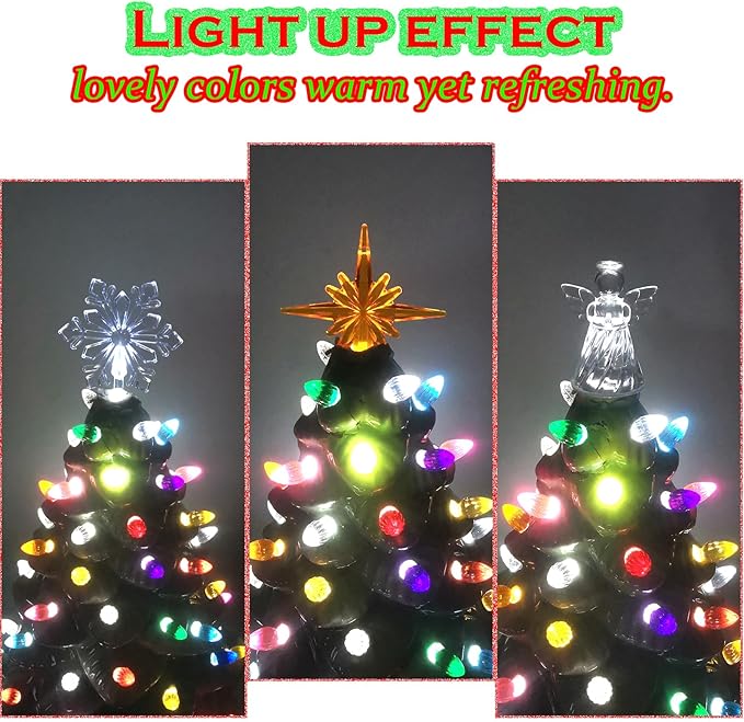 110Pcs in 10 Colors Ceramic Christmas Tree Replacement Bulbs - Plastic Lights Pegs, Included Angel Topper＆Snowflake Top＆Cross Stars.