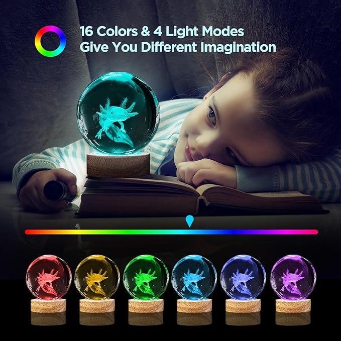 3D Axolotl Crystal Ball Night Light with LED Wooden Base Upgraded 3.15 Inch Glass Ball Lamps with 16 Color and Remote for Birthday Christmas, Cool Axolotl Toy Decor Gifts for Boys Girls Kids