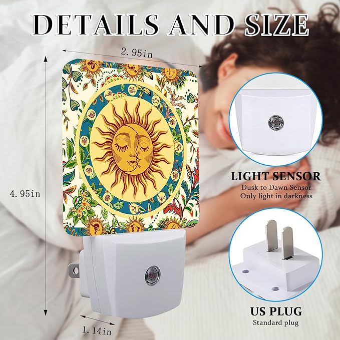 Boho Sun Moon Night Light, Plug-into Wall Nightlight Lamp with Dusk to Dawn Sensor, Led Lamp 0.5W Energy Efficient for Boys Girls Adults Home Decor