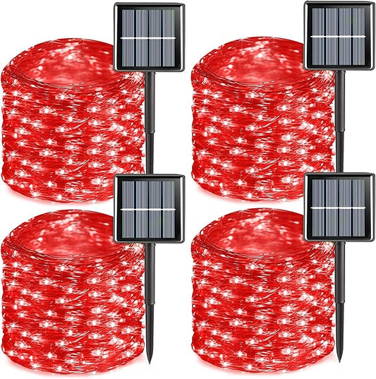 QITONG 4 Pack Red Solar Christmas Lights, Each 33ft 100 LED Christmas Fairy Light Outdoor Waterproof, 8 Modes Silver Wire Mini Twinkle Lights