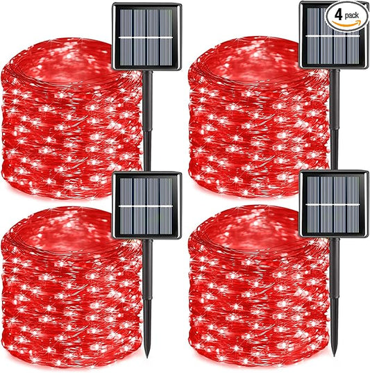 YEGUO 4 Pack Red Solar Fairy Lights, Each 33ft 100 LED Valentines Lights Outdoor Waterproof, 8 Modes Sliver Wire Solar Christmas String Lights