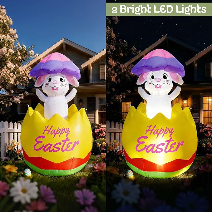 Joliyoou 5FT H Easter Inflatable Outdoor Decoration, Air-Blown Bunny in Egg with Shell on Head, Blow Up Rabbit with Built-in LED Lights for Lawn Yard Garden Holiday Party Indoor Outdoor Decor