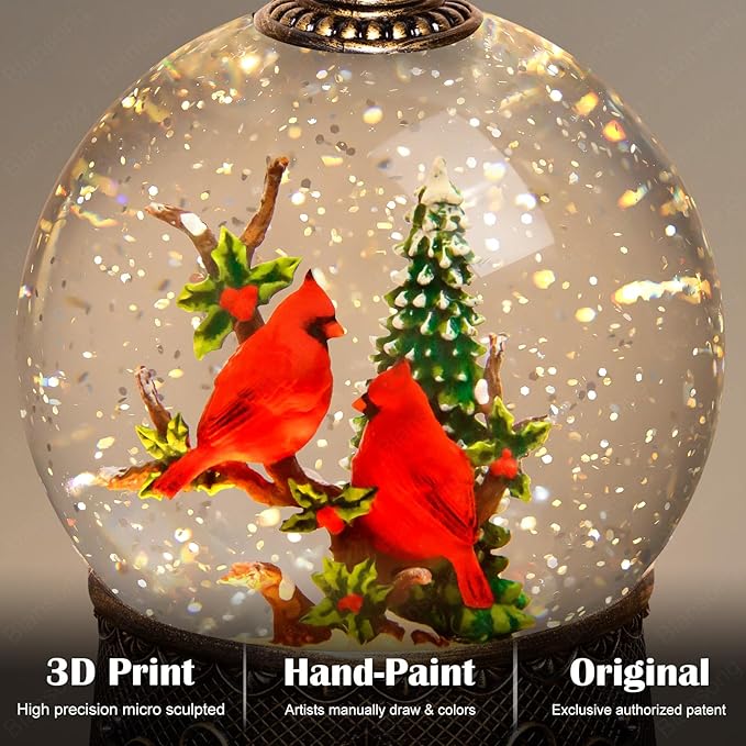 Cardinal Snow Globes Christmas Decorations Auto Snowfall Glitter Music Collection Tree with 6H Timer USB/Battery Powered 105mm Globe