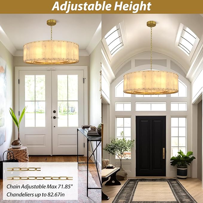Alabaster Chandelier D32in Spanish Natural Marble Round Alabaster Chandeliers Adjustable,Modern Brass Living Room Chandelier,Gold Chandeliers for Dining Room,Bedroom,Bathroom,Foyer,E12 Bulbs Included