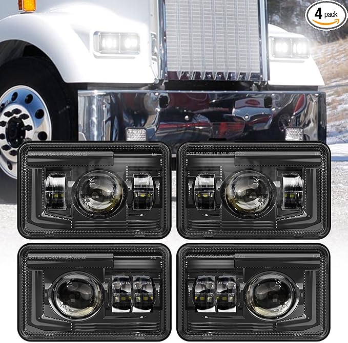 BICYACO 4 PCS DOT 4x6 Inch LED Headlights Rectangular Replacement H4651 H4652 H4656 H4666 H6545 Compatible with Peterbilt Kenworth Freightinger Ford Probe Oldsmobile Cutlass
