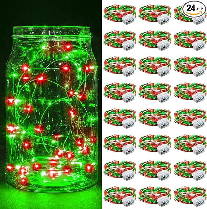 24 Pack Fairy Lights 7Ft 20 LED Twinkle String Lights 3 Modes Battery Operated Waterproof Firefly Starry for Mason Jar Party Wedding Christmas Valentines Day Table Centerpieces,Red&Green