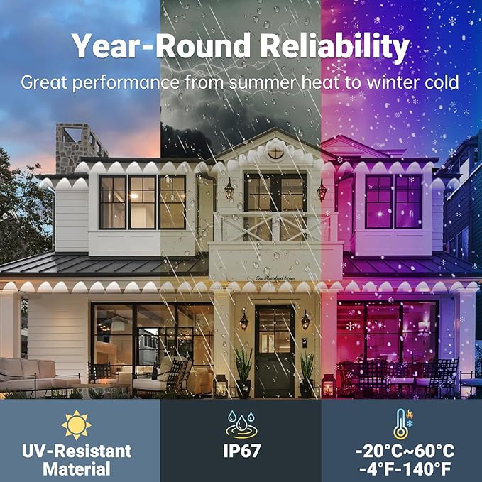 150FT Permanent Smart RGB LED Eaves Outside Lights, Music Sync, Timing Function, Remote Control and IP67 Waterproof LED Outdoor String Lights for All Holiday