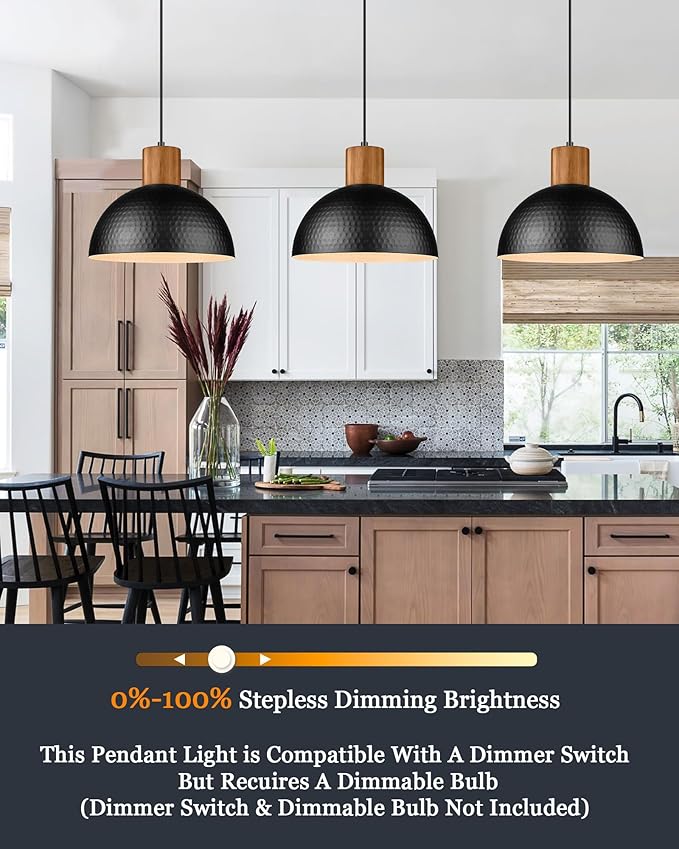 ELYONA 2 Pack Hammered Pendant Lights, 12" Industrial Metal Dome Hanging Lamp, Solid Wood Pendant Light Fixtures for Kitchen Island, Bar, Farmhouse, Dining Room, Bedroom, Hallway, Black