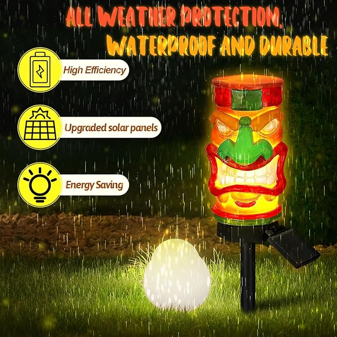 2 Pack Tiki Solar Lights 17 Inch Waterproof Outdoor Garden Decor Automatically Lighting Solar Statues for Yard Patio Balcony Lawn Tiki Bar Hawalian Luau Party