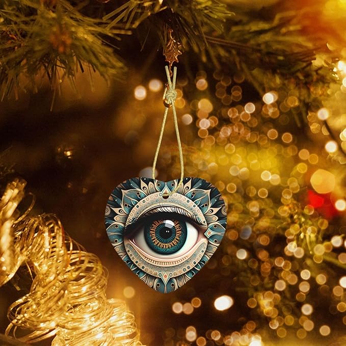 Ethnic Flowers Eye of Evil Christmas Ornaments, Christmas Decorations Xmas Tree Hanging Ornaments, Heart-Shaped Ceramic Festive Keepsake Gift for Christmas Decorations Holiday Home Party