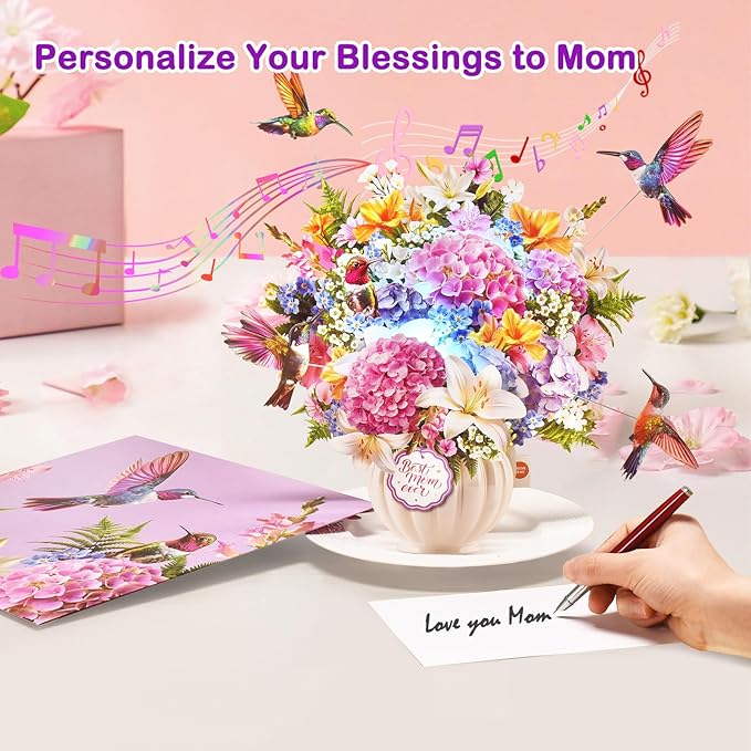 Pop Up Mothers Day Card with Music & Lights, 3D Pull-Out Flying Hummingbird Flower Bouquet Greeting Card, Elegant Floral Mom Keepsake Gift with Envelope for Mother Wife from Son Daughter Husband