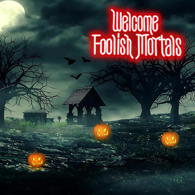 Welcome Foolish Mortals Neon Sign,Dimmable Spooky Gothic Haunted Mansion Coffin LED Neon Signs for Wall Decor,USB Powered Led Neon Light for Halloween Party Haunted House Man Cave Birthday Gifts(16.1*9.4in) (Red)