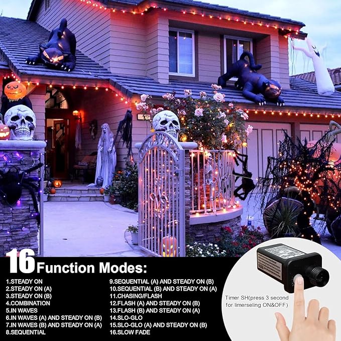 LAMPHOME 66FT Halloween Decorative Mini Lights, 200 LED Green Wire Fairy Starry String Lights Plug in, 11 Lighting Modes, for Halloween Decoration Outdoor Xmas Tree Party Decoration (Orange)