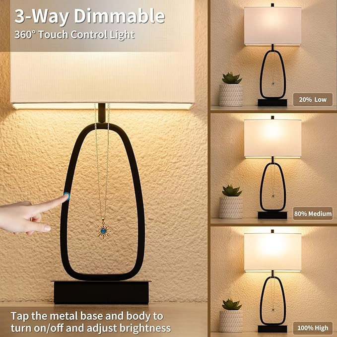 22" Set of 2 Modern Touch Table Lamps with 2 USB & AC Outlets, 3-Way Dimmable Bedroom Bedside Lamps for Nightstand Living Room Office Dining Room (LED Bulbs Included)