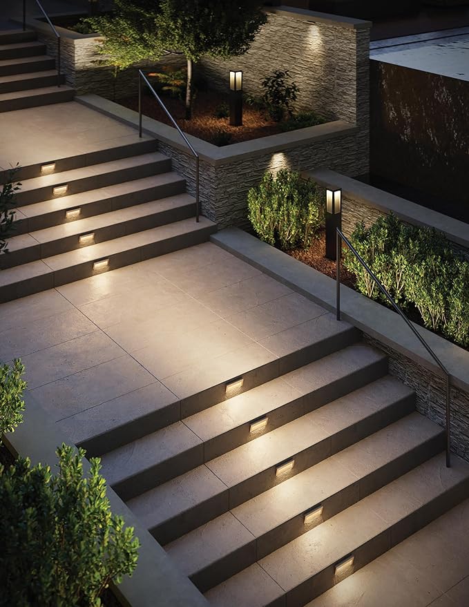 Hinkley Taper 12V Wide Horizontal Step Light, Wet Rated, Stainless Steel Construction, Recessed Mount, Etched Lens, ADA, Matte Black Stainless Finish