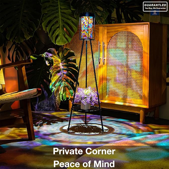 Outdoor Lamps for Patio 2 Pack, Outdoor Floor Lamp with Plant Stand, Solar Powered RGB Outdoor Lights, Waterproof Standing Lamp for Garden Yard Décor, Stained Glass Decorative Lamp, Gift for Women Mom