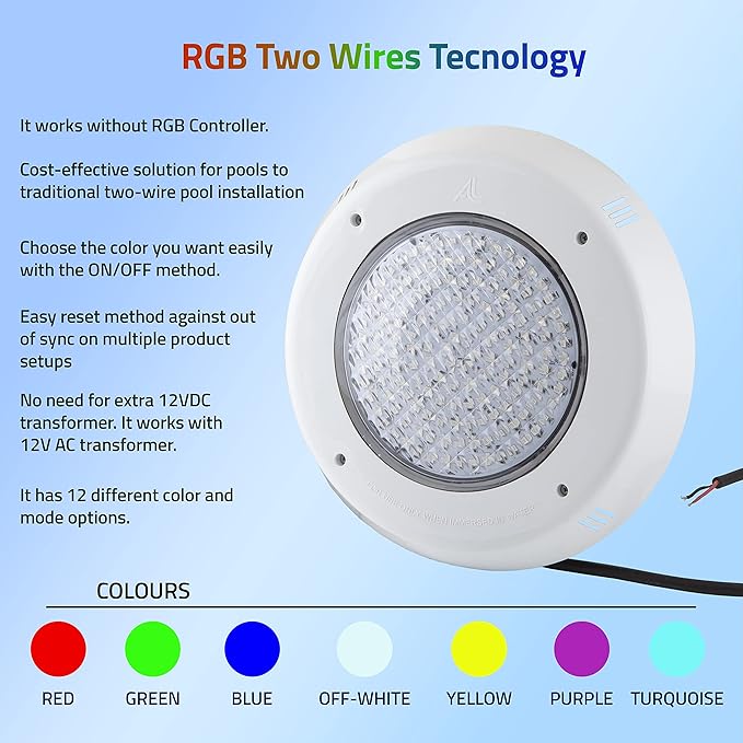 LED Pool Lights, 30W, 12V AC,16ft. Cord, IP68 Waterproof, Underwater Lights for Swimming Pool (Not Included 12V AC Transformer)(RGB Two-Wires)