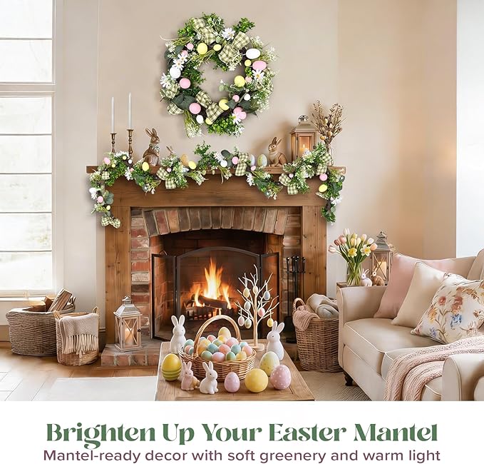 6ft Easter Garland Decorations, 2-in-1 Easter Garland-to-Wreath for Mantel, Fireplace with 18 Pastel Eggs, LED Lights and Storage Bag, Easter Decor for Front Door, Window, Table, Entryway