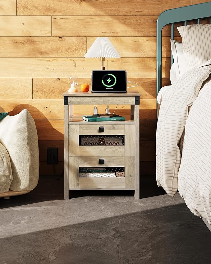 WLIVE Nightstand with Charging Station, Farmhouse End Table, Bed Side Table with 2 Storage Drawers and Open Shelf, Wood Rustic Nightstands for Bedroom, Living Room, Greige