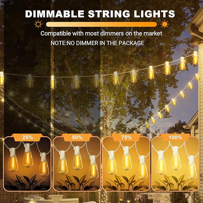 LAMPHOME26 FT Outdoor String Lights for Outside, 12+1LED Waterproof Shatterproof Edison Dimmable Timer Bulbs, 2700K Warm White Patio Lights for Garden Backyard Yard Hanging Lighting