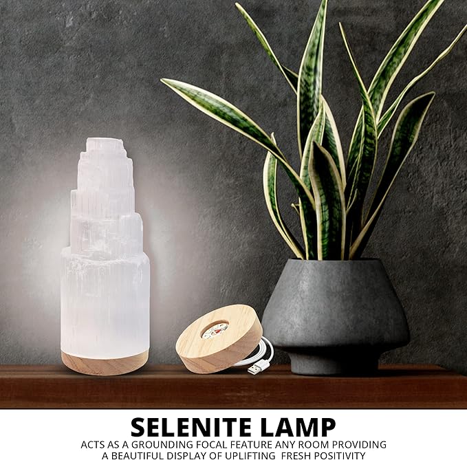 Selenite Crystal Lamp, 20 cm Tall, High Energy Skyscraper Lamp with Wooden Base & USB Charging Cable, ETL Certified, Hand Curved Selenite for Spiritual Protection and Therapy