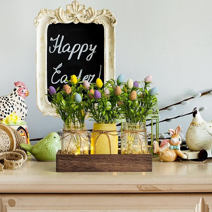 Easter Centerpiece Table Decorations for Table Runner Farmhouse Coffee Table Decor with Wood Tray and Led Light Table Centerpieces for Dining Room Kitchen Living