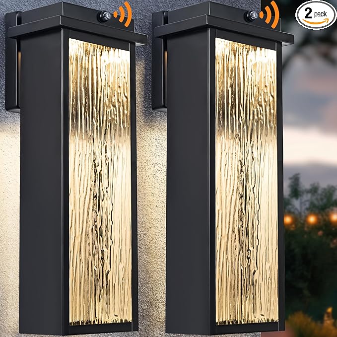 20" Extra Large Dusk to Dawn LED Outdoor Light 2 Packs, Black Modern Exterior Lighting Fixtures, Outside Porch Lights Wall Mount, Mid-Century Wall Lantern with Rippled Glass Patio Sconce Lamp