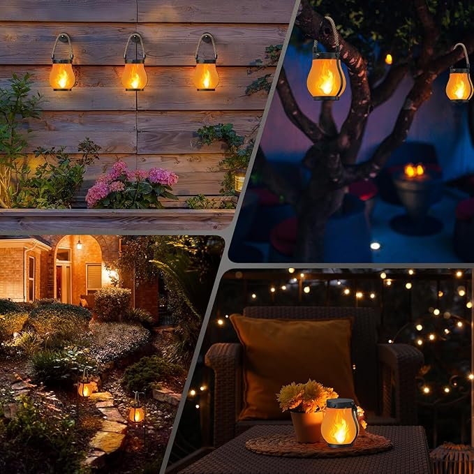 Hompavo Gen2 Solar Lanterns Outdoor with Ultra-Real Flame, Dual Charging (USB/Solar) & 2 Modes - Waterproof Decorative Hanging/Table Lights for Yard Patio Garden Gift Halloween Christmas Decoration, 2
