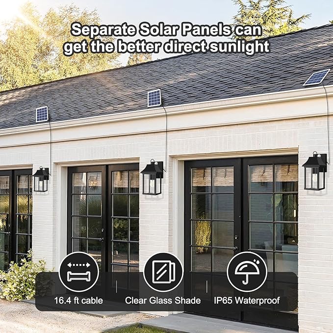 OKELI Porch Lights Outdoor Dusk to Dawn Motion Sensor Solar Wall Lantern Separate Panel & Battery Replaceable Exterior Waterproof Wall Sconce Lighting Lamp (Black A, 2 Pack)
