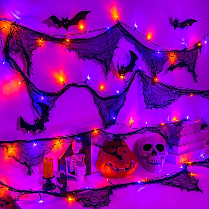 Halloween Lights Battery Operated or USB, Creepy Cloth String Lights with Timer Waterproof 9.8ft 30LED Orange and Purple String Lights Halloween Decortions for Fireplace Window Door Mirror
