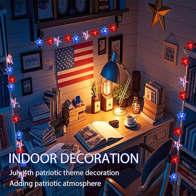 ITICdecor 4th of July Decoration 30 LED Star String Lights Battery Operated with Timer Patriotic Star Fairy Lights for Independence Day President Day Memorial Day Indoor Outdoor Décor