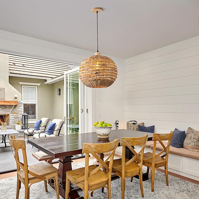 Boho Pendant Lights Kitchen Island Rattan Lights Fixture for Dining Room 15.8" Hand-Woven Chandelier Weaving Hanging Ceiling Light for Restaurant Living Room Bedroom Foyer Hallway